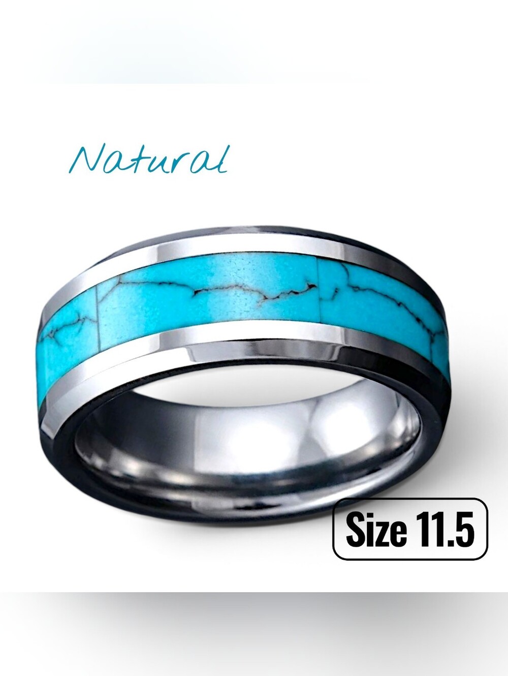 Natural Tungsten Carbide & Turquoise Men's Heavyweight Wedding Ring 11.5 (16g)